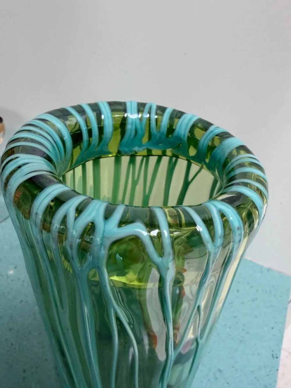 Murano Handblown Translucent Vase With Melted Threads Green Aqua Vintage